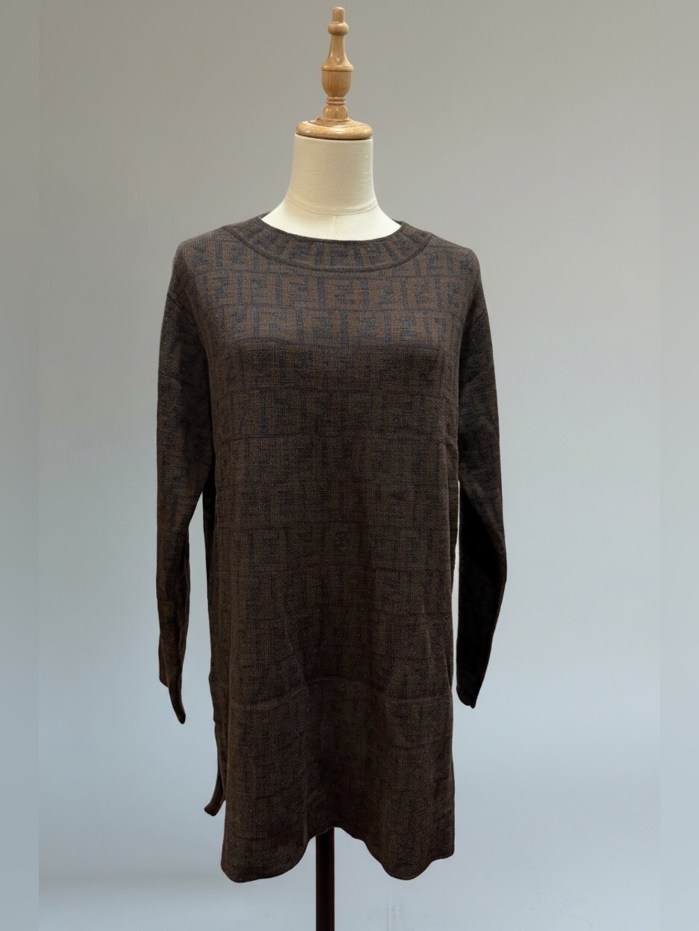 Fendi Dark Brown Monogram Knit Long-Sleeve Dress